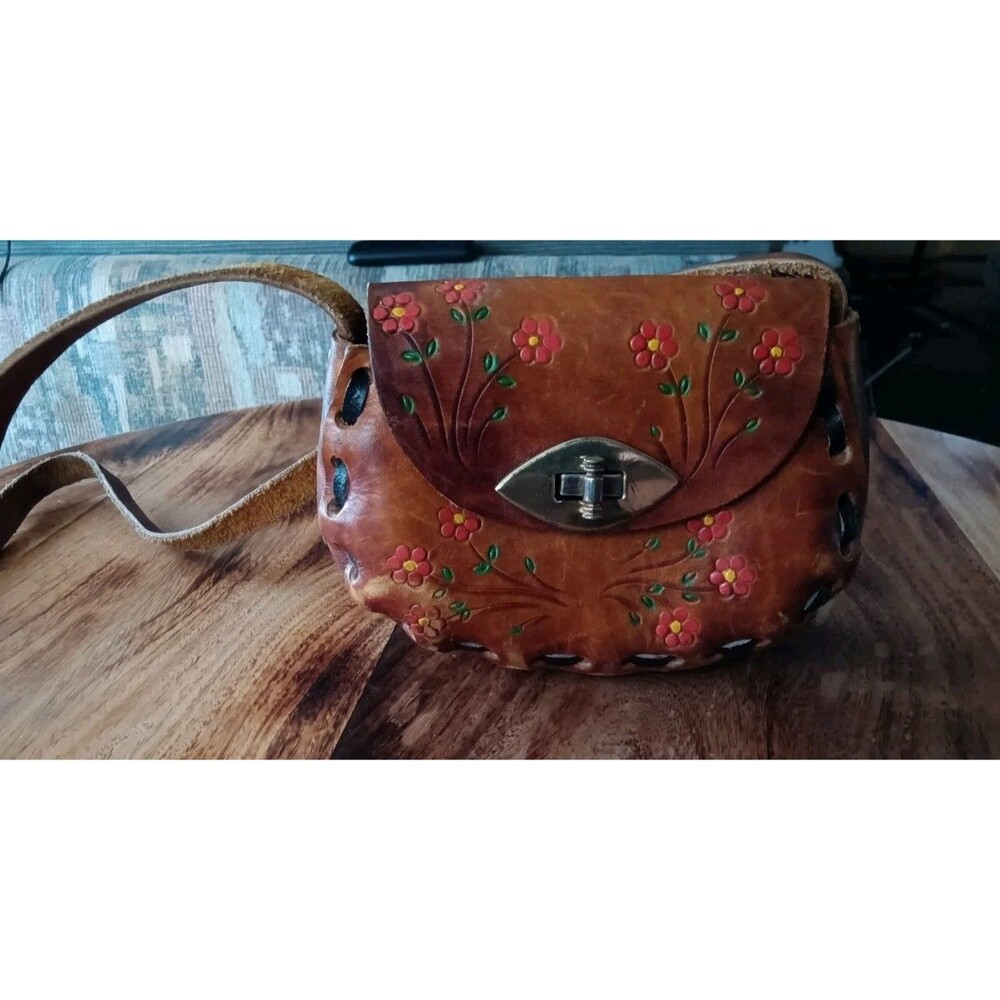 VTG Mexican Hand Tooled Leather Child's Handbag Purse Boho
